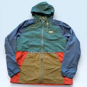 LL Bean Jacket Mens Large Green Blue Colorblock Hooded Nylon Windbreaker Hiking
